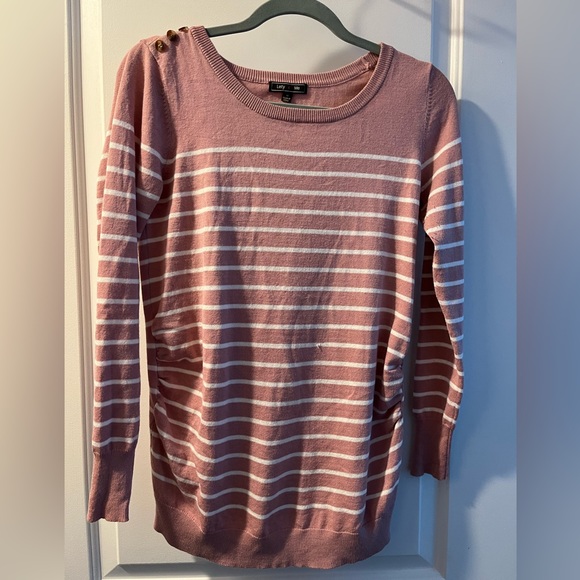 Tops - Pink and white striped long sleeve maternity top